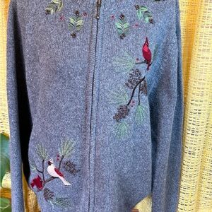 Vintage Gray Zip-Front Cardigan Bird Cardinal Pinecone Embroidery XL